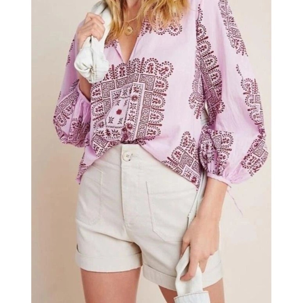Anthropologie Lilac Printed Top with Cream High-Waist Shorts